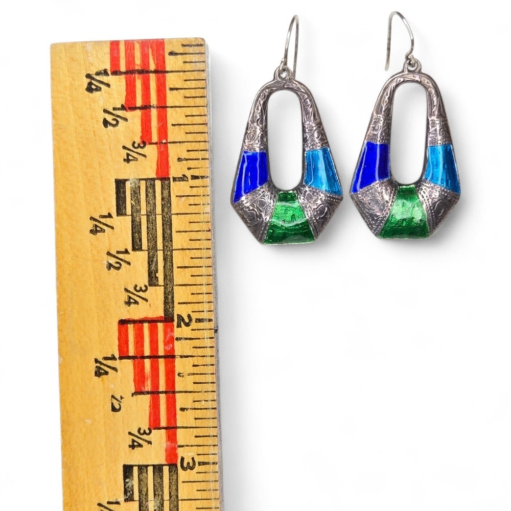 Vintage Sterling Silver 925 Enamel Blue Green Hinged Bangle Bracelet Earring Set - Picture 10 of 13